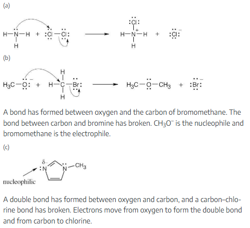 <p><span>For curved arrow problems, follow these steps:</span></p><p style="text-align: left"></p><p style="text-align: left">(1) Locate the bonding changes. In (a), a bond from nitrogen to chlorine has formed, and a Cl-Cl bond has broken.</p><p style="text-align: left">(2) Identify the nucleophile and electrophile (in (a), the nucleophile is ammonia and the electrophile is one Cl in the Cl<sub>2</sub> molecule), and draw a curved arrow whose tail is near the nucleophile and whose head is near the electrophile.</p><p style="text-align: left">(3) Check to see that all bonding changes are accounted for. In (a), we must draw a second arrow to show the unsymmetrical bond-breaking of Cl<sub>2</sub> to form Cl<sup>–</sup>.</p>