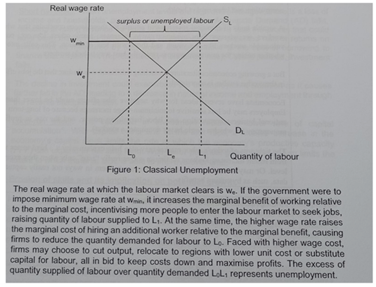 <p><span style="background-color: transparent;">Imposition / Removal of minimum wage</span></p><p></p><p><span style="background-color: transparent;">(economic growth and unemployment are very related)</span></p><p><span style="background-color: transparent;">To raise economic growth, remove minimum wage.</span></p><p><span style="background-color: transparent;">Minimum wage is imposed at W<sub>min</sub>. When the minimum wage is removed, real wage rate falls to W<sub>e</sub>. This reduces the marginal benefit of working relative to the marginal cost. Less people are incentivised to enter the labour market to seek jobs, reducing the quantity of labour supplied to L<sub>3</sub>. At the same time, the lower wage rate reduces the marginal cost of hiring an additional worker, relative to the marginal benefit, causing firms to increase the quantity demanded for labour to L<sub>e</sub>. Faced with a lower wage cost, firms will increase output to maximise profits. The labour market reaches an equilibrium at W<sub>e</sub>, with L<sub>e</sub> quantity of labour. It also eradicates real wage unemployment, previously shown as L<sub>0</sub>L<sub>1</sub>. </span></p><p><span style="background-color: transparent;">As a result of a fall in wage rate, cost of production falls. SRAS rises, leading to actual growth. As GPL falls, cost push inflation is reduced. </span></p><p><span style="background-color: transparent;">Strengths:</span></p><p><span>Proponents argue that removing minimum wage limitations could lead to increased job opportunities, particularly for entry-level and low-skilled workers, as businesses might be more willing to hire if labor costs are lower.</span></p><p><span>Businesses could potentially lower costs, leading to increased competitiveness and potentially lower prices for consumers</span></p><p><span>Businesses could be more flexible in adapting to changing market conditions and could choose to hire more part-time or seasonal workers. </span></p><p><br>{DIAGRAM} </p><p><span style="background-color: transparent;">Limitations:</span></p><p><span style="background-color: transparent;">Low wage/low-skill workers experience lower income, so they are able to buy and consume less goods and services. This reduces the material standard of living. Removal of minimum wage exacerbates wage inequality, as the gap between the high skilled and low skilled workers widen. </span><span>Lower wages could lead to decreased worker morale and productivity.</span></p><p><span>Some argue that removing minimum wage limitations could lead to job losses for some workers if businesses choose to automate or replace them with lower-cost labor. </span></p><p><br><br><br><br></p>