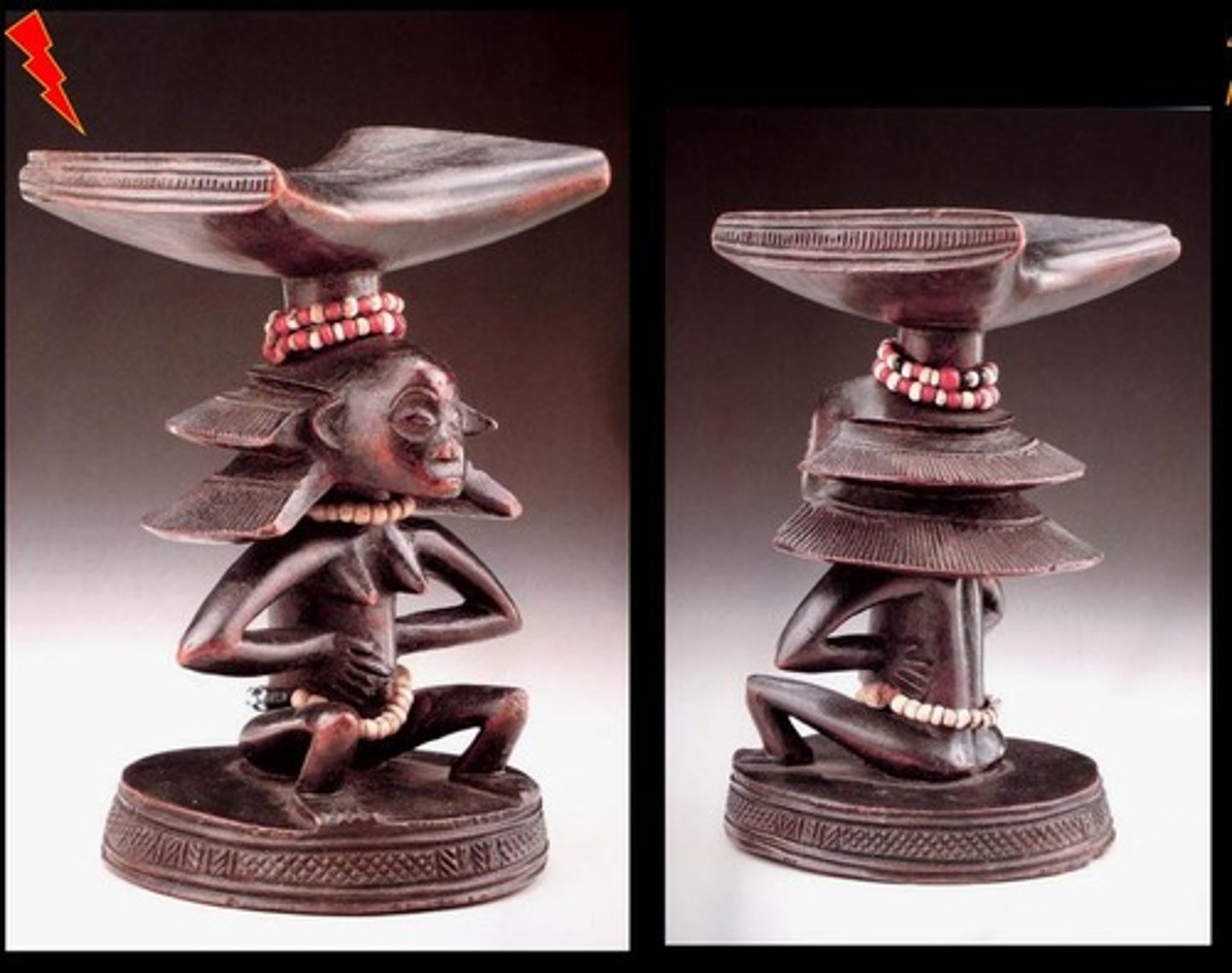 <p>Headrest prodominantly expressed upon</p><p>Carved figure supporting</p><p>Headdress (waterfall headdress)</p>