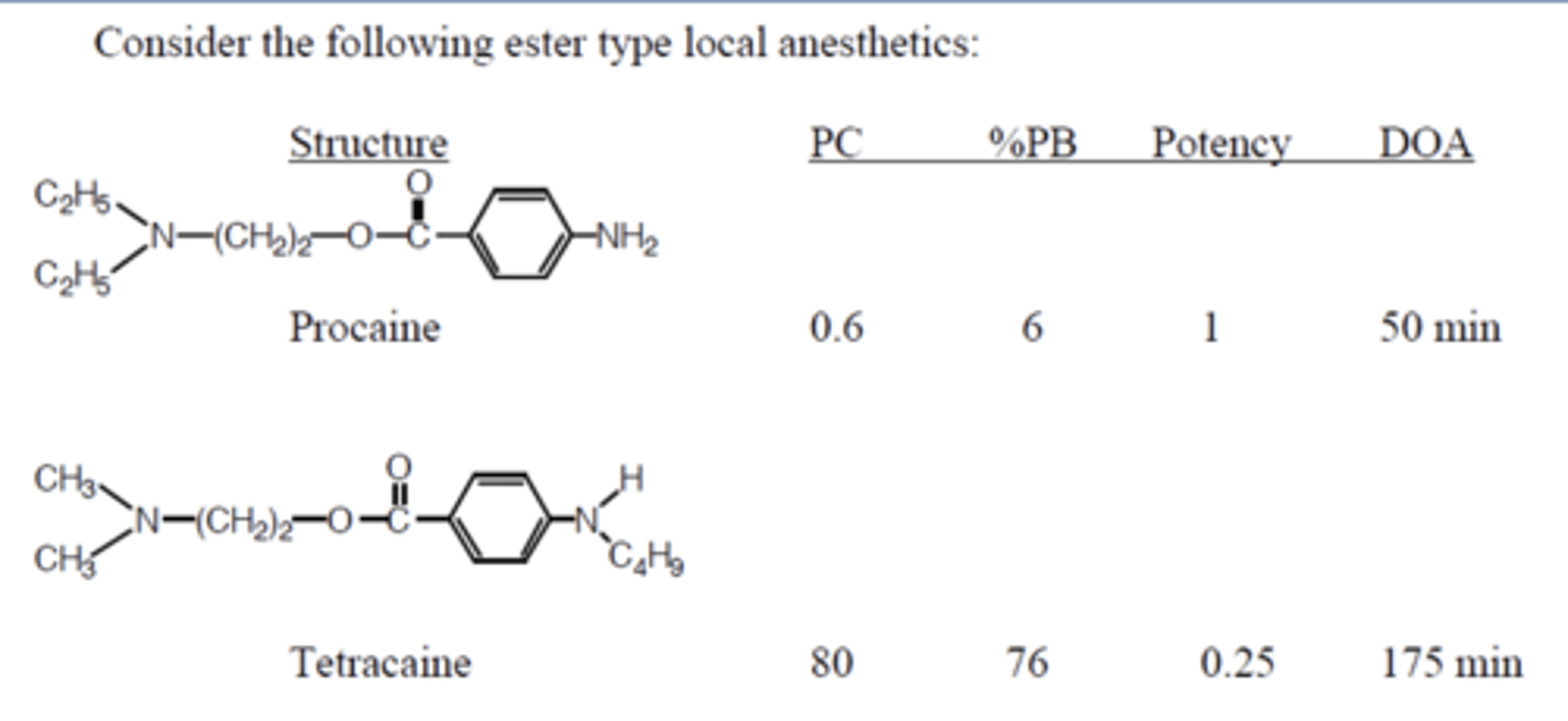 <p>-Tetracaine more potent than procaine</p><p>-PC: partition coefficient</p><p>-Higher PC allows higher potency, protein binding, and duration of action (drugs stick to fat and proteins in the local area and stays there longer)</p><p>-True for both ester and amides</p>