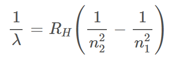 <p>λ = wavelength (m)</p><p>R<sub>h</sub> = 1.09678 × 10<sup>7</sup>&nbsp;(m<sup>-1</sup>)<sup>&nbsp;</sup>Rydberg’s Constant for Hydrogen</p>