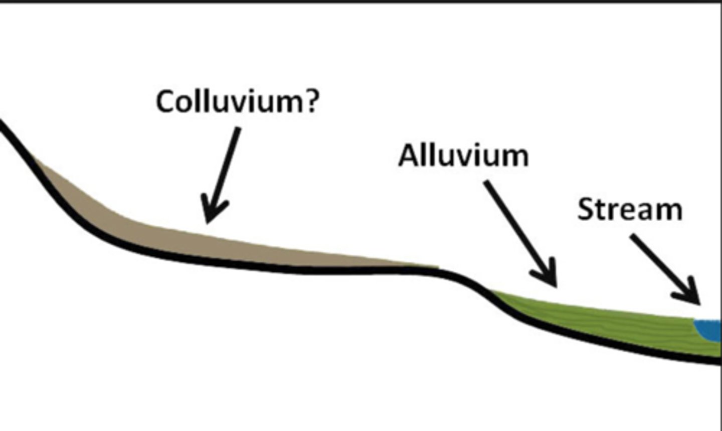 <p>Transported Downhill by gravity</p><p>ID: mix of rock types, no sorting or rounding, buried horizon, RE not in original position</p>