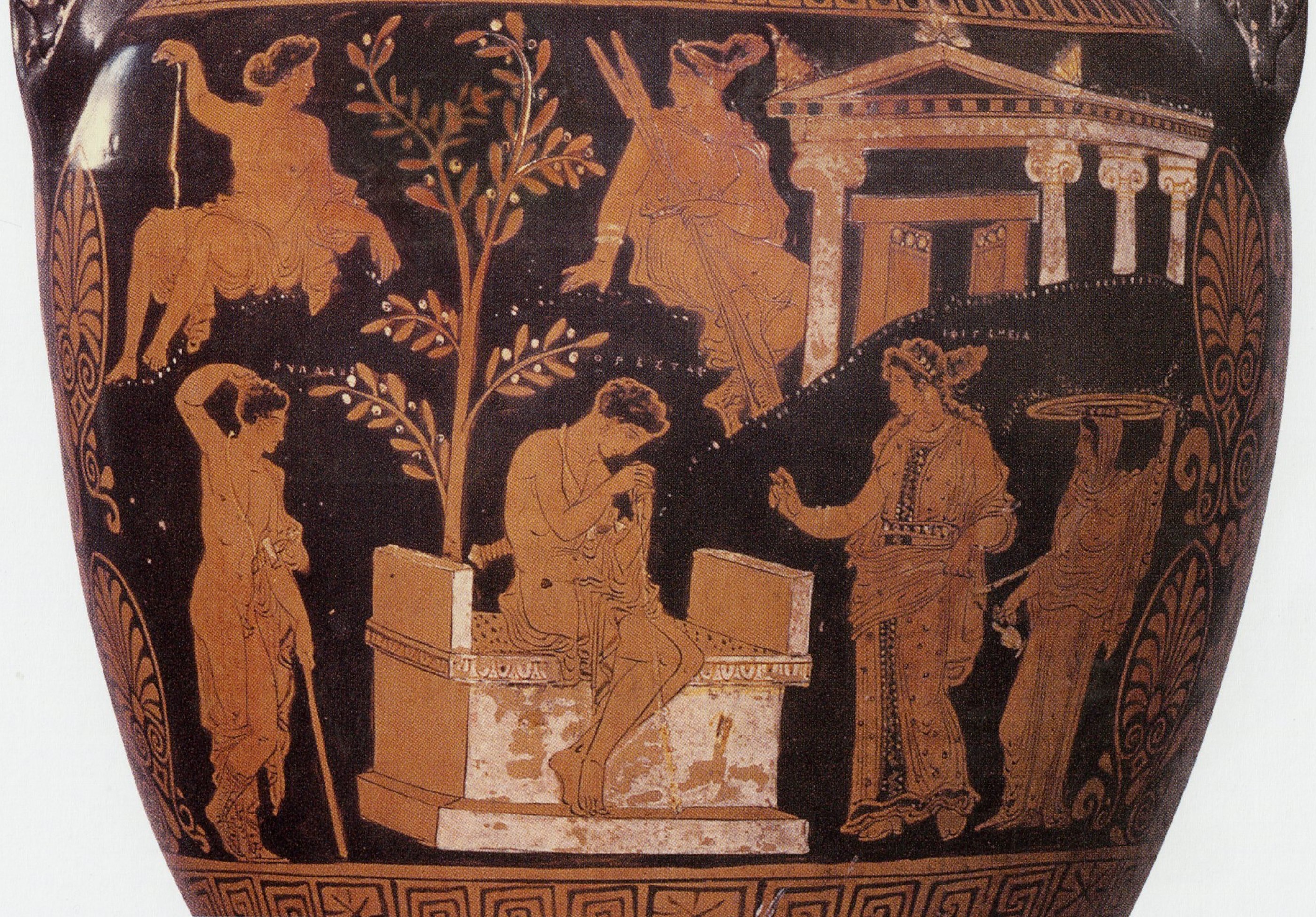 <p>Ilioupersis Painter: <em>Apulian volute-krater - Orestes and Iphigenia at Tauris</em>, Greek, c. 370-360 BCE</p>