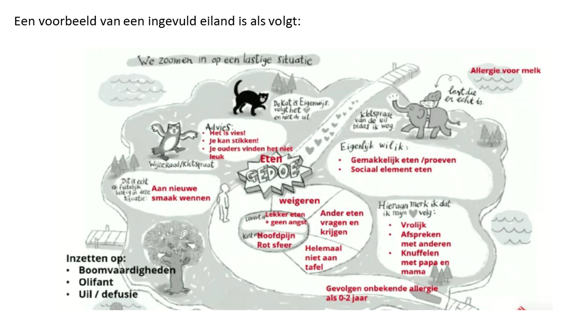 <p>Vergelijkbaar met G-schema van CGT → Gebruiken bij lastige situaties en wat er op dat moment allemaal met een persoon gebeurt.</p><ul><li><p>Elementen van ACT-4-kids komen in eiland terug.</p></li><li><p>Wanneer hele afbeelding is ingevuld, kan afhankelijk vd elementen bepaald worden waar meer op moet worden ingezet. </p></li></ul><p></p>