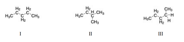 <p>Of the following molecules, the structural isomers are I II III</p><ul><li><p><strong>a. </strong>I and II.</p></li><li><p><strong>b.</strong> I and III.</p></li><li><p><strong>c.</strong> I, II and III.</p></li><li><p><strong>d. </strong>none</p></li></ul>