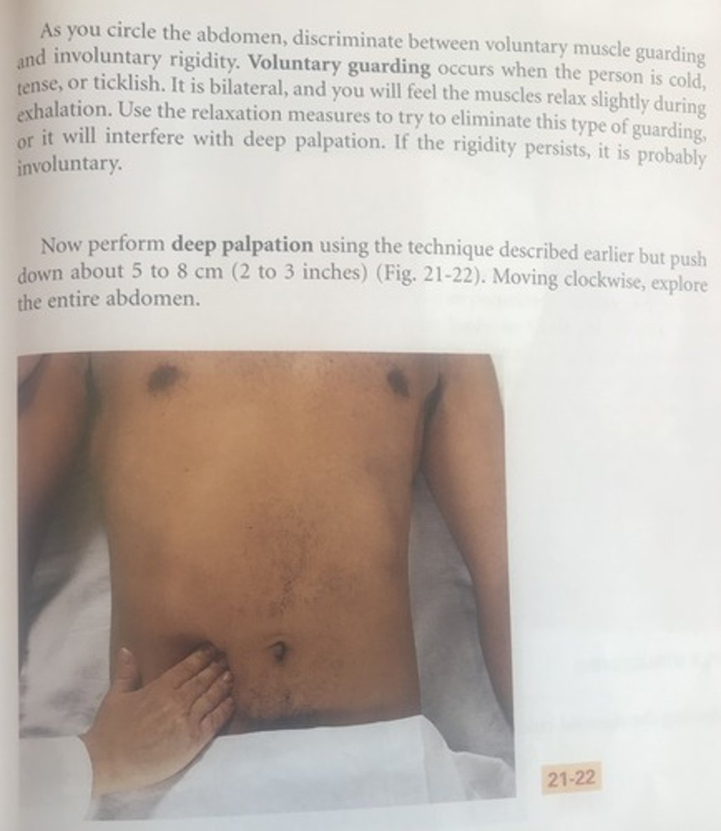 <p>B</p><p>With deep palpation, the nurse should notice the location, size, consistency, and mobility of any palpable organs and the presence of any abnormal enlargement, tenderness, or masses.</p>