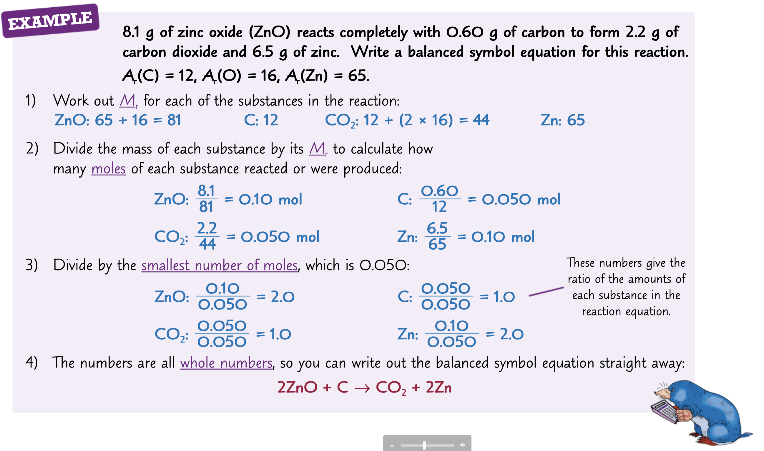 <ol><li><p>Find the number of moles</p></li><li><p>Divide the number moles for each substance by the smallest number of moles in the reaction</p></li><li><p>Multiply all the numbers by the same value until all numbers are whole numbers</p></li><li><p>Form the balanced equation</p></li></ol><p></p>