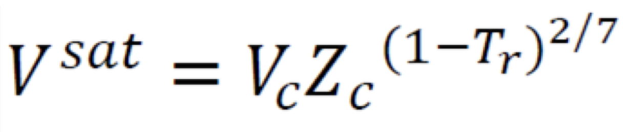 <p>Vi_l is considered as a property having weak dependence on pressure at a temperature less than the species’ critical temperature; assumed constant and equal to the saturated liquid-phase molar volume, V_sat</p>