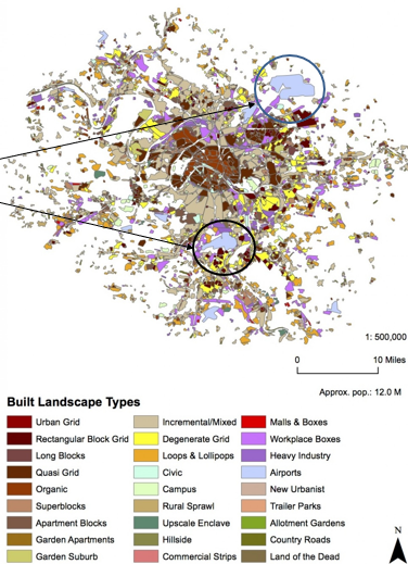 <ul><li><p>Very dense older urban core</p></li><li><p>Two large airports</p></li><li><p>Very walkable; car not as necessary</p></li><li><p>Poorer areas on periphery</p></li></ul><p></p>