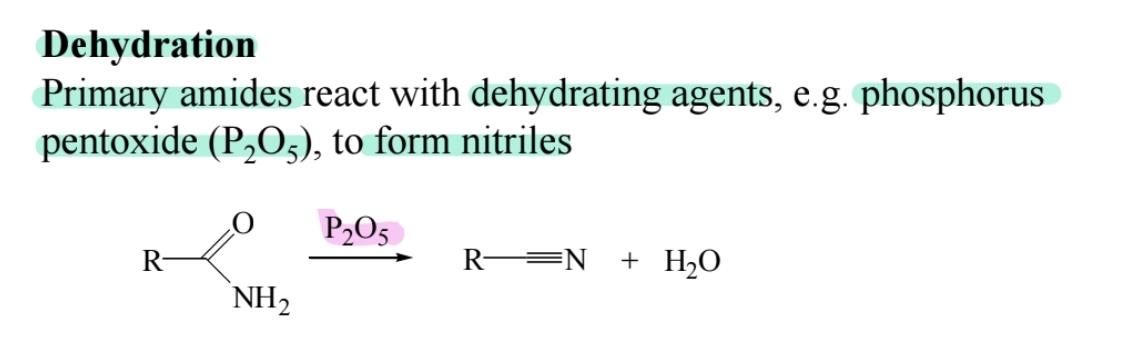 <p><span>Treating primary amides with (P2O5) forms nitriles.</span></p>