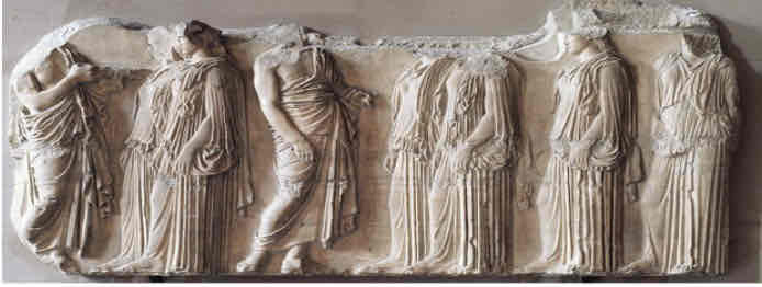 <p>panathenaic frieze, parthenon, ca. 447-438 BCE, marble</p>