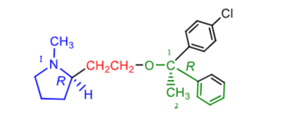 <p><strong>Clemastine Fumarate: </strong></p><ul><li><p>is NOT a _______ dertiivative since it has 3 carbons between the nitrogen and oxygen atoms </p></li></ul><p></p><ul><li><p>how many possible isomers are there? which is the most active?</p></li></ul><p></p><ul><li><p>is it more or less potent than diphenhydamine? (1-4 mg every 12 hours) </p></li></ul><p></p><ul><li><p>why does it have less sedation? </p></li></ul><p></p>