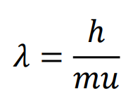 <ul><li><p>Electrons &amp; nuclei, &amp; light are all treated as wave-like &amp; particle-like</p></li><li><p>de Broglie first suggested that particles, such as electrons, are wavelike, characterized by a wavelength</p></li><li><p>The wavelength of matter (in meters) is equal to the ratio of Planck’s constant over the product of the mass (in kg) times the velocity (in m/s).</p></li></ul><p></p>