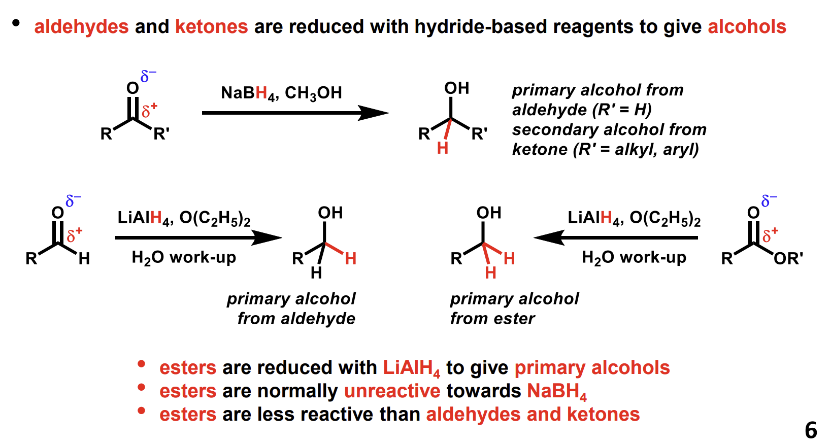 <p>Produces alcohols. NaBH<sub>4</sub> is not usually strong enough to reduce esters, LiAlH<sub>4</sub> must be used. Note that an additional alcohol product, HOR’ is formed in the ester reaction</p>