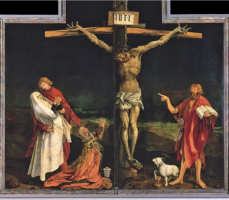 <p>NAME - TITLE - DATE - MEDIUM - LOCATION</p><p></p><p><strong>1) What is the symbolism of the spots on Christ?</strong></p><p><strong>2) What does john the Baptist say?</strong></p><p><strong>3) What does the size of the figures mean?</strong></p>
