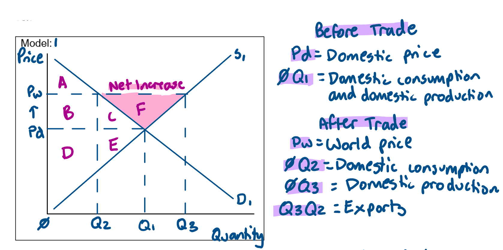 <p><strong><em>Exports </em></strong><em>are the sale of domestically produced goods &amp; services to overseas markets, for example iron ore &amp; coal. </em><br>As seen in model 1, before trade equilibrium price is at Pd (domestic price) &amp; equilibrium quantity is at Q1.<br>Domestic consumption &amp; production is at Q1.<br>Through trade, domestic producers can access higher prices for their products &amp; price increases from Pd to Pw (world price).<br>Domestic production increases from Q1 to Q3 &amp; domestic consumption decreases from Q1 to Q2. <br>There is now a surplus which is cleared by exporting overseas (Q3-Q2).<br>Producer surplus increases from DE to BCDEF &amp; consumer surplus decreases from ABC to A.<br>The net gain in total surplus is F increasing total surplus from ABCDE to ABCDEF. <br>Since the gain in producer surplus is greater than the loss in consumer surplus, the Australian economy gains &amp; economic welfare increases.</p>