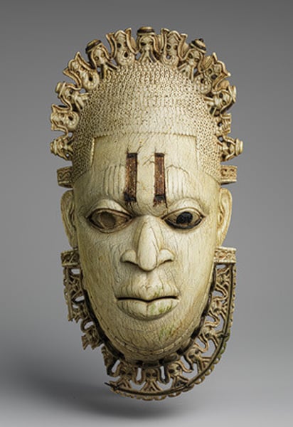 <p>Benin c. 1550 CE; ivory, iron, and copper; worn at the hip on a belt; may represent Idia, a powerful Oba who raised an army and defeated her son's enemies; African art</p>