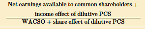 <p>Diluted EPS = (Net income - Preferred dividends) / (Weighted average shares outstanding + Dilutive shares) </p>