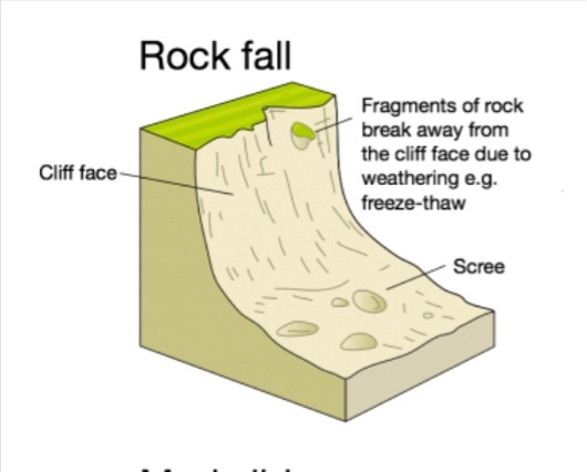 <p>When weathered away rocks roll down to the base of the cliff.</p>
