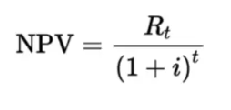 <p>Financial method used to evaluate the profitability of an investment by calculating the difference between the present value of expected cash inflows and outflows over a specific time period; time value of money</p><p>Rt = Net cash flow in year t</p><p>i = discount rate (reflects the time value of money and opportunity cost)</p><p>t = time period (year cash flow)</p>
