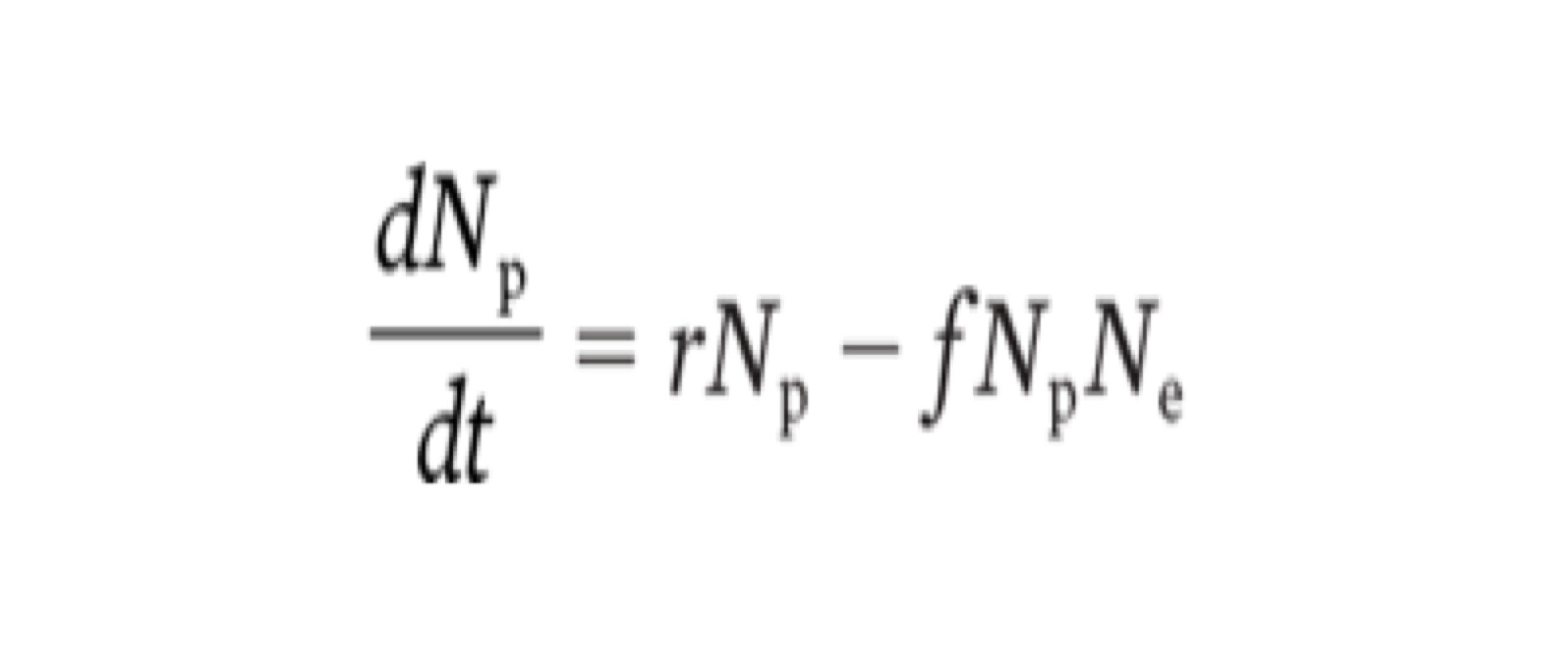 <ul><li><p>the term dNp/dt is the instantaneous change in prey population density over continuous time </p></li><li><p>r is the intrinsic rate of increase for the prey population </p></li><li><p>Np is the prey population density </p></li><li><p>Ne is the exploiter population density </p></li><li><p>f represents the capture rate </p></li></ul><p></p>