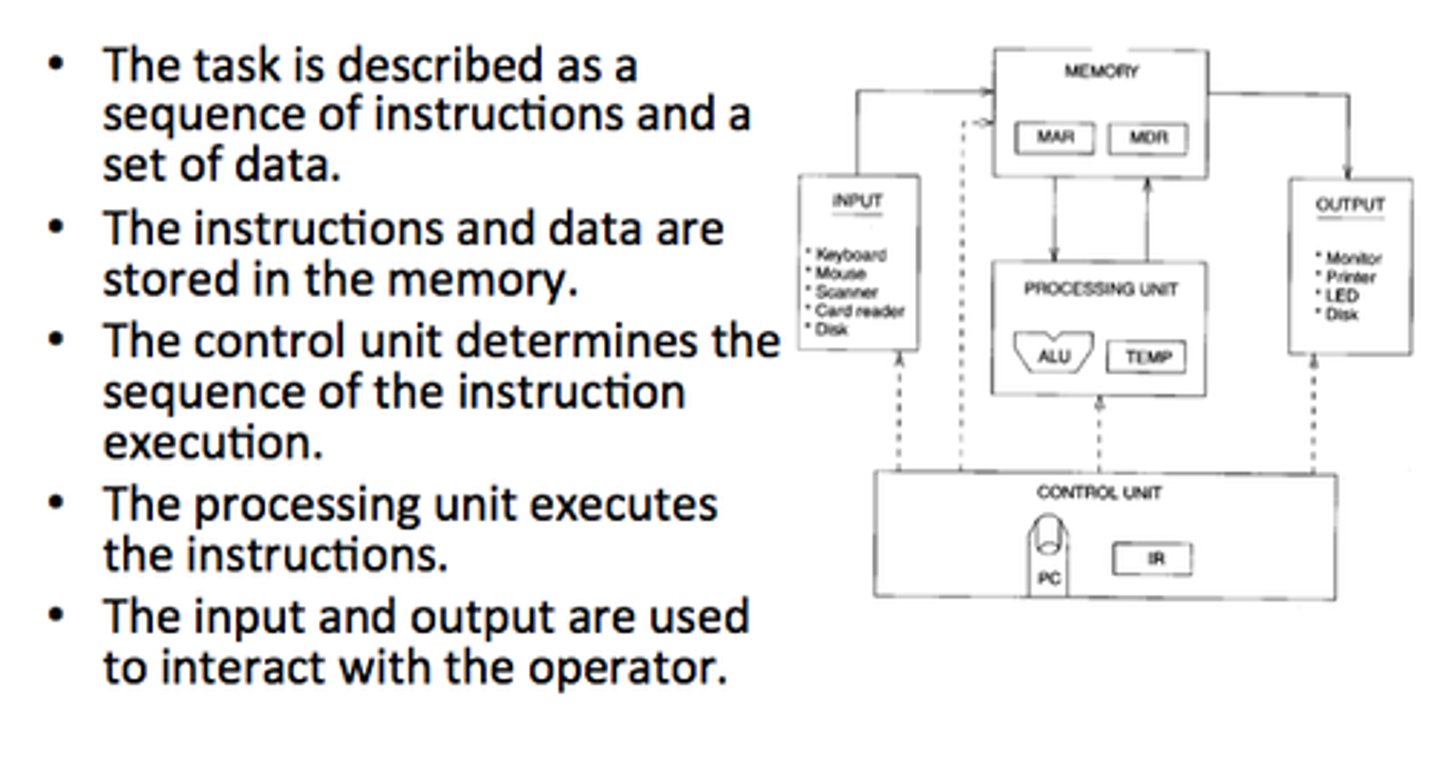 <p>Processor uses address bus to find out which address you need to read from in memory</p><p>RAM then uses data bus to transfer data to cpu which is then sent to peripherals which run data</p><p>Control Bus from cpu to i/o tells what peripherals should do</p>