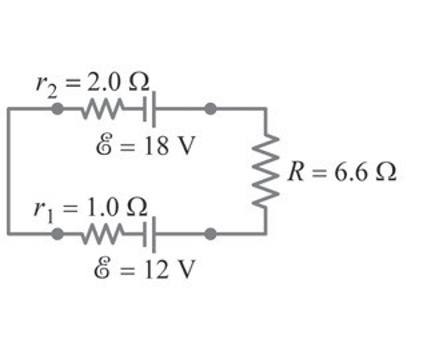 <p>Needed Equations:<br>V_term = E - Ir<br><br>Top Battery:<br>Use Kirchoff's Loop Rule to determine the current.<br>Plug into V_term.<br><br>Bottom Battery)<br>Use equation V_term = E + Ir, changing the - to a + because their is a voltage gain across the internal resistance of the battery.</p>