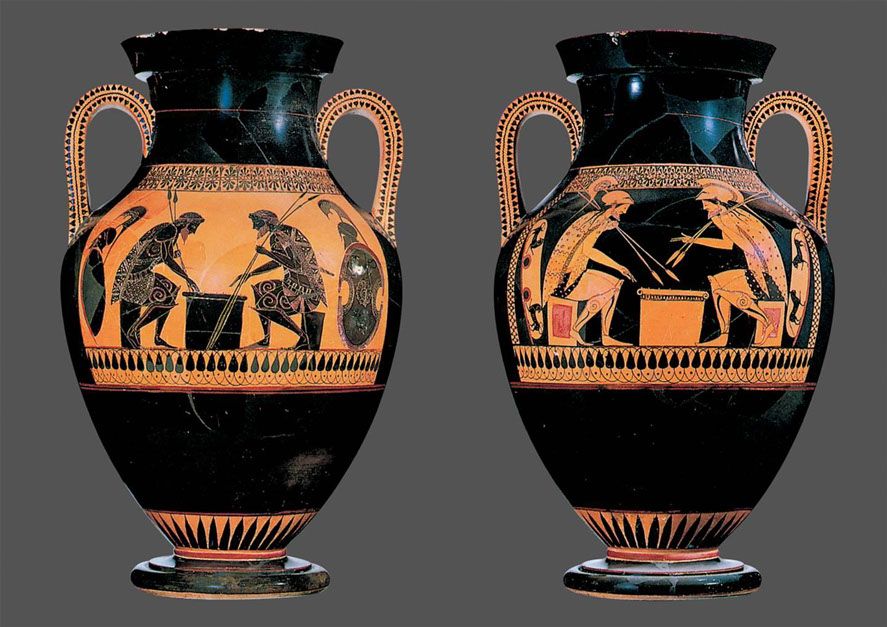 <p>BIlingual vase: red figure on one side (left), black figure on other side (right) Playing dice. Achilles and ajax</p>