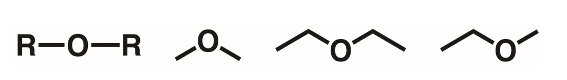 <p>An oxygen atom flanked by R groups on either side. R cannot be hydrogen.</p>
