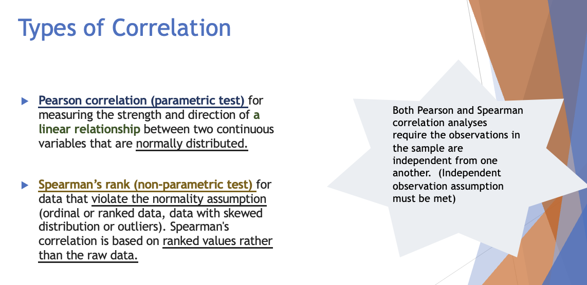 <p><span style="color: purple;"><strong><u>Pearson Correlation </u></strong></span><u>=</u>=> a <strong>parametric test for measuring strength and direction</strong> of a linear relationship between two continuous variables that are <strong>normally distributed</strong></p><p></p><p><span style="color: red;"><strong><u>Spearman’s Rank </u></strong></span><span style="color: rgb(0, 0, 0);">==> non parametric test for data that violates the normality assumption and instead has skewed, ordinal or ranked data. Spearman’s correlation is based on </span><span style="color: red;"><strong>ranked values rather than raw data</strong></span></p><p></p>