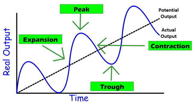* The cyclical pattern of expansion and recession of the economy over time
* Expansion and Peak = Expansionary Phase
* Contraction and Trough = Contractionary Period