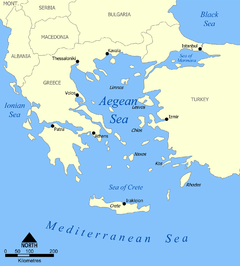 <p>- Between east coast of Greece and west coast of Turkey</p>