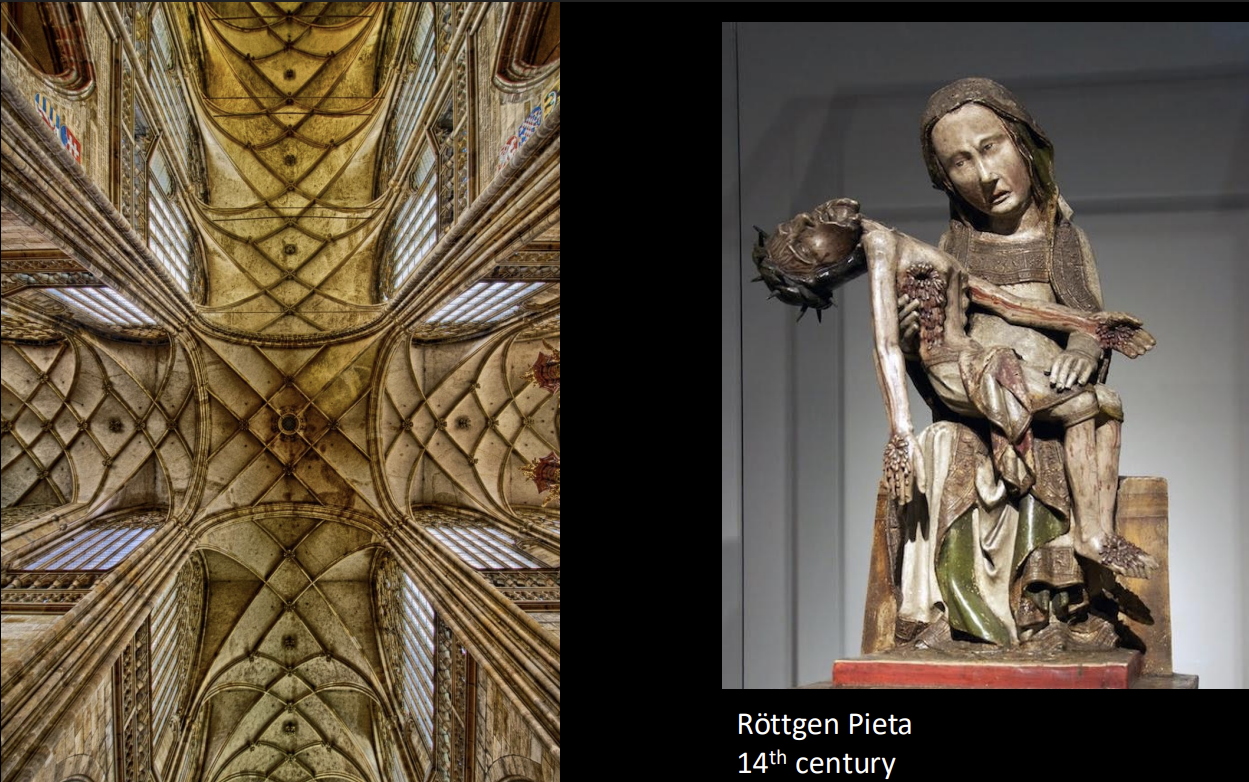 <p><strong>Cathedral of St. Vitus of Prague, 14th Century Architects: Mathias of Arras and Peter Parler</strong></p><p><strong>Röttgen Pieta 14th century</strong></p><ul><li><p>How could these two works of art and architecture be seen to reflect a similar cultural attitude? </p></li><li><p>Can you suggest some reasons why?</p></li></ul><p></p>