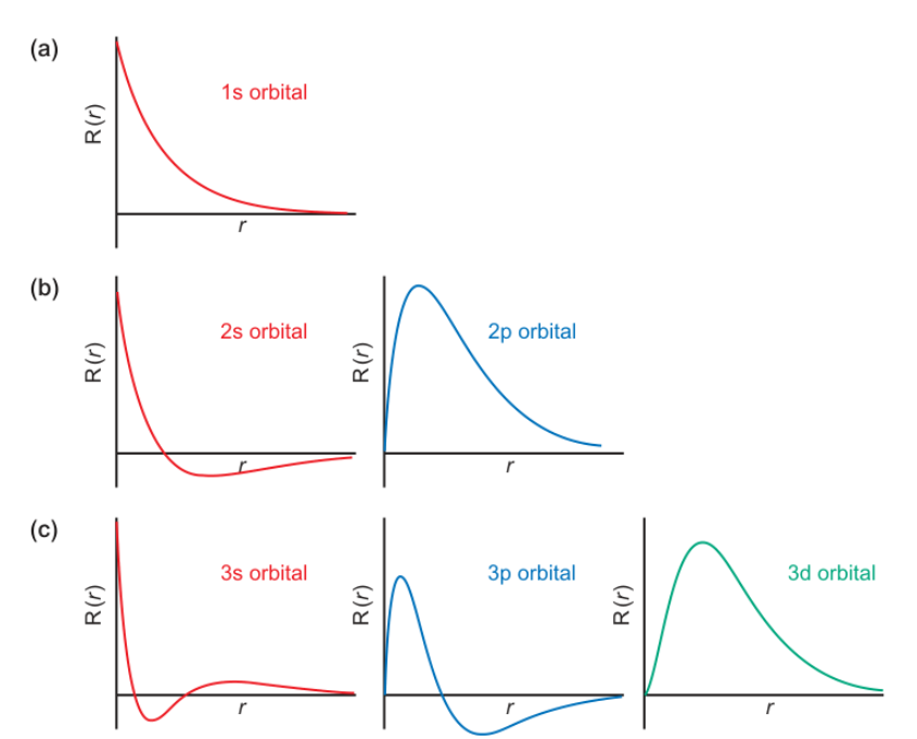 <p>s = (n - 1) nodes</p><p>p = (n - 2) nodes</p><p>d = (n - 3) nodes</p><p>f = (n - 4) nodes</p><p>radial nodes occur at R(r) = 0 ie ψ = 0 - the electron cannot exist at this point</p>