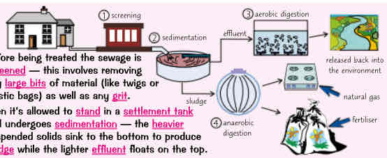 <ol><li><p>before being treated the sewage is screened - involves removing any large bits of material (twigs/ plastic bags) as well as any grit</p></li><li><p>then its allowed to stand in a settlement tank &amp; undergoes sedimentation - the heavier suspended solids sink to bottom to produce sludge while lighter effluent floats on the top</p></li><li><p>the effluent in settlement tank is removed &amp; treated by biological aerobic digestion. This is when air is pumped through water to encourage aerobic bacteria to break down any organic matter - including other microbes in water</p></li><li><p>the sludge from bottom of settlement tank is also removed &amp; transferred into large tanks. Here it gets broken down by bacteria in process called anaerobic digestion</p></li><li><p>anaerobic digestion breaks down organic matter in sludge, releasing methane gas in process. The methane gas can be used as an energy source &amp; remaining digested waste can be used as fertiliser</p></li><li><p>for waste water containing toxic substances, additional stages of treatment may involve adding chemicals (e.g. to precipitate metals), UV radiation or using membranes</p></li></ol><ul><li><p>sewage treatment requires more processes than treating fresh water but uses less energy than desalination of salt water, could be used as an alternative in areas where theres not much fresh water. Example → Singapore is treating waste water &amp; recycling it back into drinking supplies. However, pple dont like idea of drinking water that used to be sewage</p></li></ul>