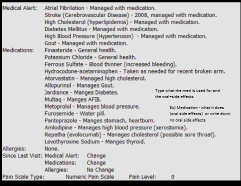 <p><span><strong><br>Thorough Review of Medical/Dental history</strong></span></p><p><span><strong>Significant medical conditions</strong></span></p><p><span><strong>Vitals</strong></span></p><p><span><strong>Medications and supplements</strong></span></p><p><strong>Allergies</strong></p><p><span><strong>ASA Classification (evidenced by)</strong></span></p>