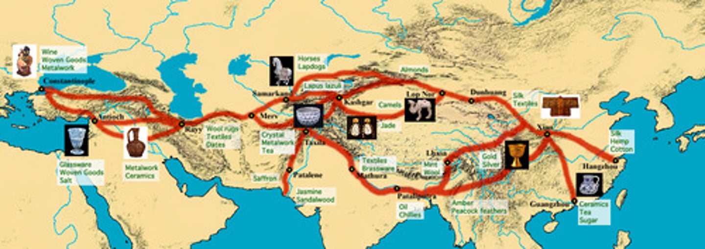 <p>-Probably the most important trading route in the world from 200 CE - 1450 CE</p><p>-Overland Trading route</p><p>-Started during Han Dynasty, began in China</p><p>-Went all the West and ended in the Middle East/Persia/ Mediterranean Area</p><p>-Had overland connections to India, the Delhi Sultanate, and other kingdoms.</p><p>-Also had a sea route through Indian Ocean, connected to the spice islands in Southeast Asia (SE Asia)</p><p>-Silk, porcelain, and spices travelled West from China and Southeast Asia</p><p>-Horses, wool, olive oil, iron tools, going East from Mediterranean region</p><p>-Huge in spreading religions like Buddhism, Hinduism, Christianity, and Islam</p><p>-Caravanserais were like hotels for merchants and travellers with horses, camels, etc. </p><p>-Major cities include Chang'an in China, Samarkand and Karakorum in Central Asia, Delhi in India, and Constantinople (Middle East).</p>