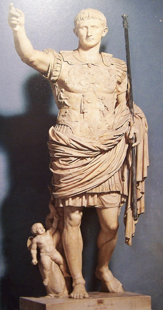 <ul><li><p><strong>Pose and Appearance</strong>: Augustus is shown in a heroic, commanding stance with one arm raised, as if addressing his troops.</p></li><li><p><strong>Clothing</strong>: He wears a military breastplate (cuirass) and a cloak, emphasizing his role as a general and leader.</p></li><li><p><strong>Style</strong>: The sculpture combines <strong>realism</strong> (lifelike face) with <strong>idealism</strong> (youthful, perfect body), showing him as both human and divine-like.</p></li><li><p><strong>Purpose</strong>: It was propaganda, meant to show Augustus as a strong, capable leader who brought peace (the Pax Romana) after years of civil war.</p></li><li><p><strong>Significance</strong>: Marks the beginning of the <strong>Roman Empire</strong>, celebrating the emperor’s authority, military power, and divine favor.</p></li></ul><p></p>