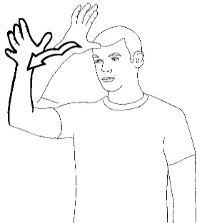 <p>Touch your forehead with your thumb and then bounce your hand forward twice</p>