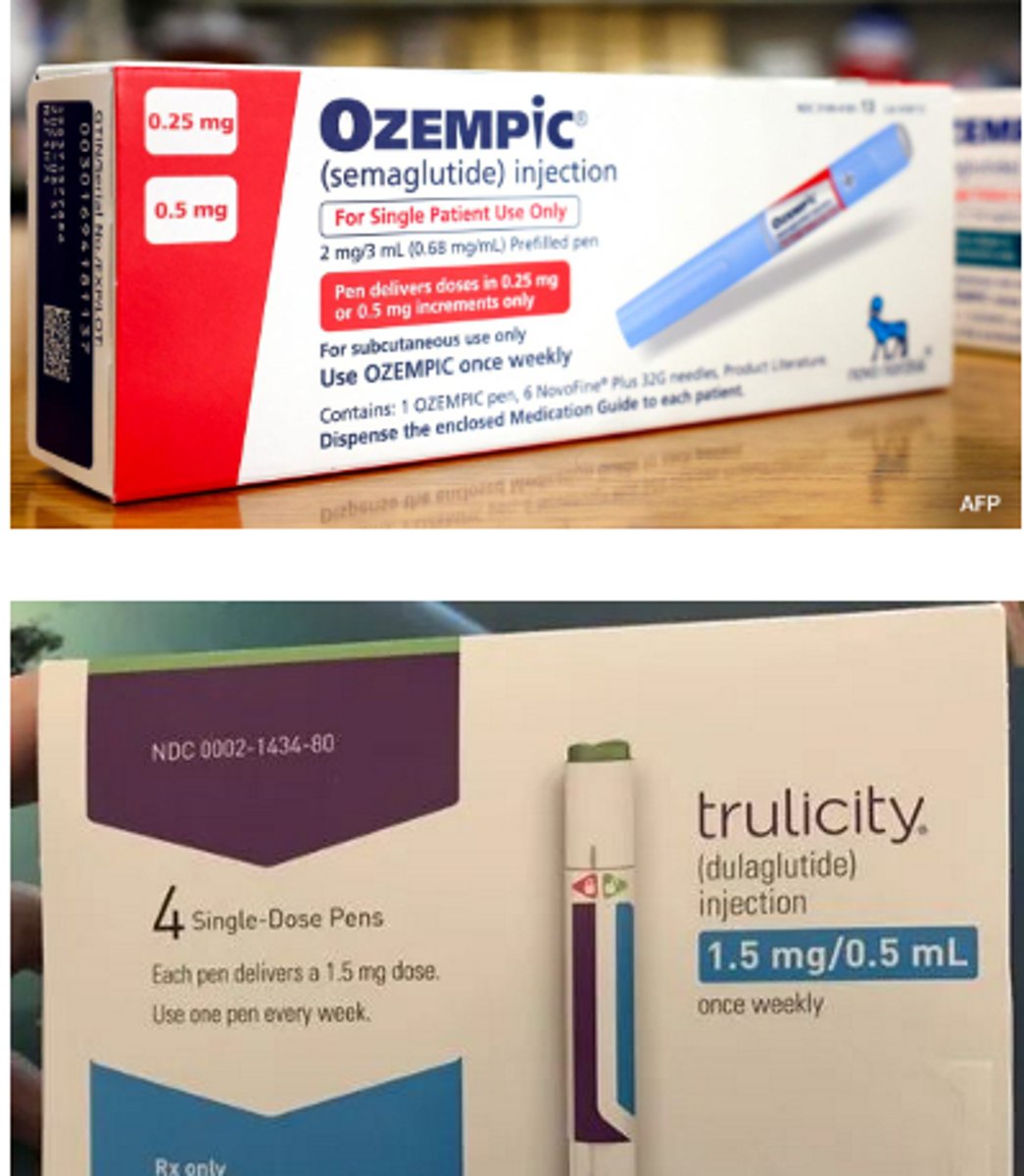 <p>- Dulaglutide (Trulicity, SC)</p><p>- Semaglutide (Ozempic, SC; Rybelsus, PO, Wegovy, SC)</p>