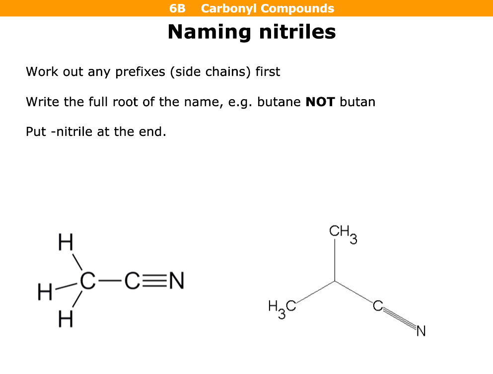 <p>Full name and nitrile eg: butanenitrile</p>