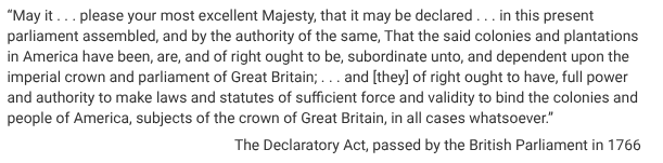 <p>Which of the following was the American colonists’ immediate response to the attempts of the British Parliament to enforce the claims made in the excerpt?</p>