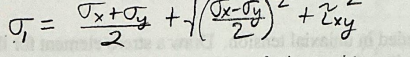 <p>using the formula here: 150 = (100+50)/2 + sqrt[(100-50/2)² + tau xy²]</p><ul><li><p>75² = 625 + tau xy²</p></li><li><p>5000 = tau xy²</p></li><li><p><mark data-color="yellow" style="background-color: yellow; color: inherit;">tau xy = 70.7 MPa</mark></p></li></ul><p></p>