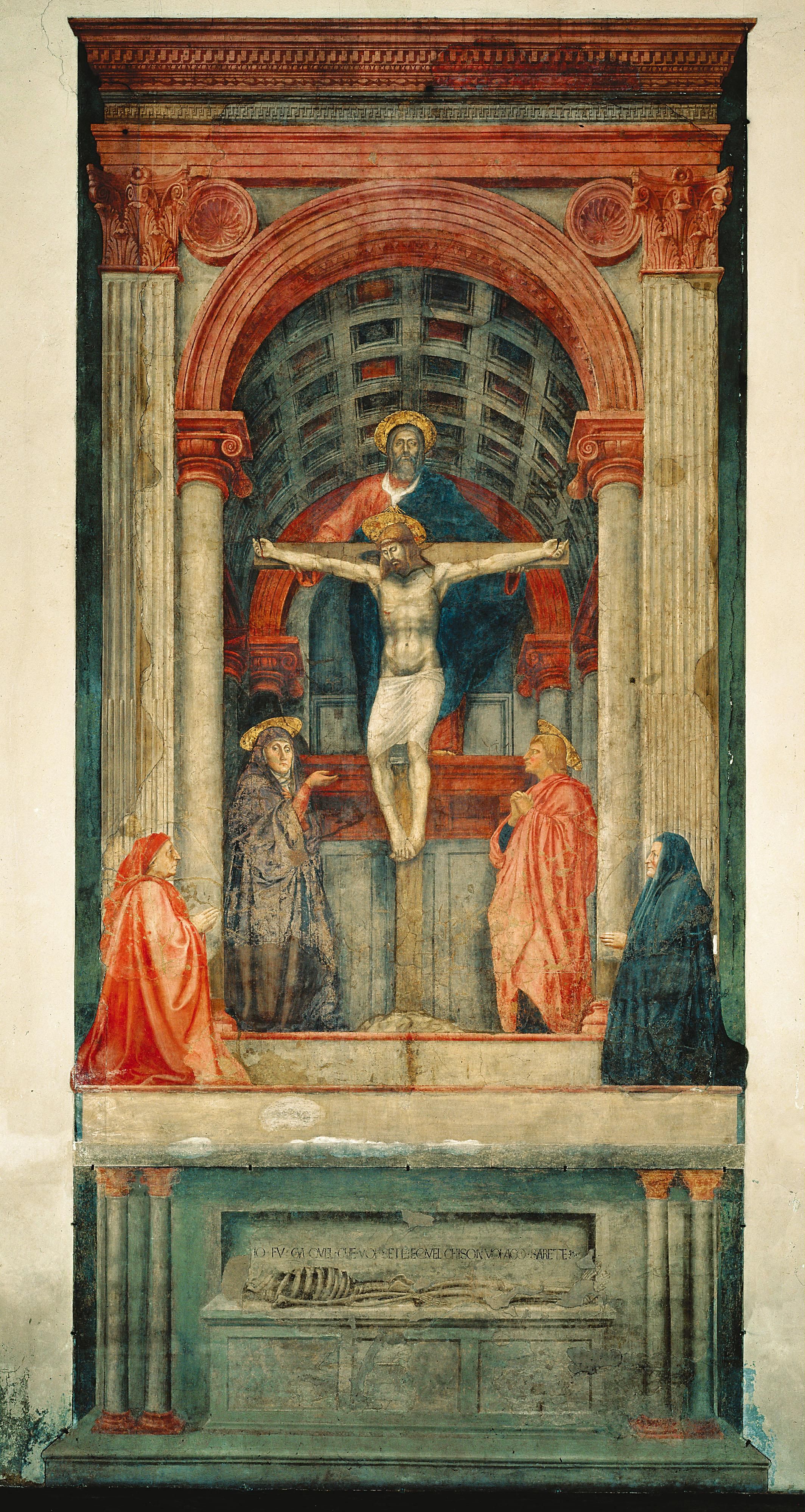 <p>Painting by <strong><span>Masaccio</span></strong></p><ul><li><p><span style="background-color: transparent;"><strong><span>“I was once what you are, and what I am you will become”</span></strong></span></p></li><li><p><span style="background-color: transparent;"><strong><span>Classical coffered ceiling inside a painted barrel vaulted, fluted pilasters with Corinthian capitals, and columns</span></strong></span></p></li><li><p><span style="background-color: transparent;"><strong><span>Used linear perspective</span></strong></span></p></li></ul><p></p>