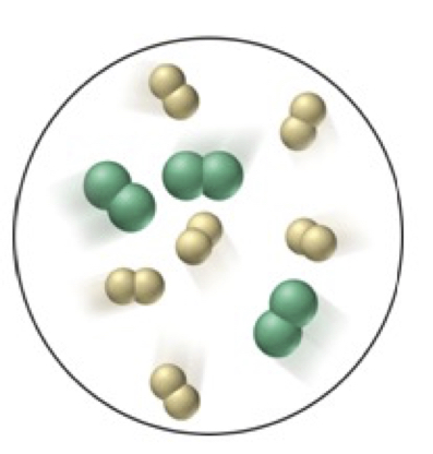 Chlorine trifluoride, an extremely reactive substance, is formed as a gas by the reaction of elemental chlorine (Cl2) and fluorine (F2).

The molecular scene below shows a mixture of the reactants (Cl2 and F2) before the reaction starts. (*Chlorine is* ***green****, and fluorine is* ***yellow****.)*

*Hint, you will need to determine a balanced chemical equation!*

What is the limiting reagent based on this representation?

How many molecules of chlorine trifluoride (ClF3) can be formed?