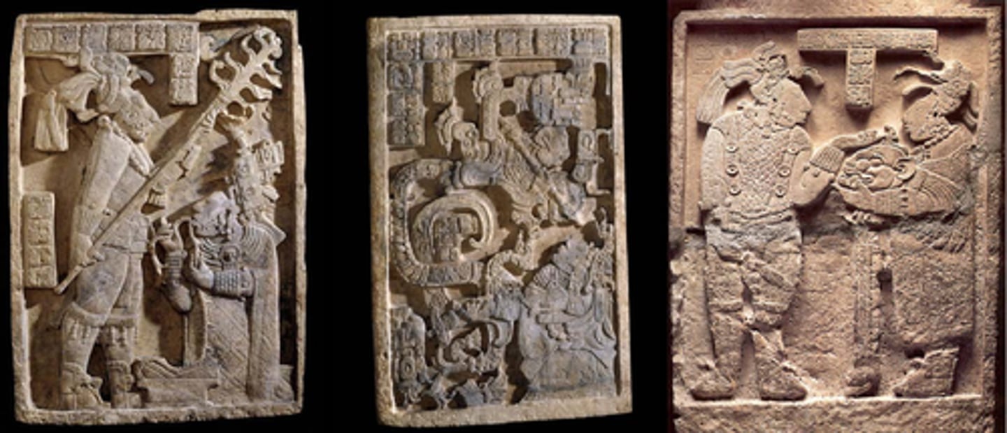 <p>Yaxchillan-Comed roof, decorative, Stairs into temple, Burial space for Monarchs<br><br>Form-Lintels- found above doorways in Yaxchillan, would walk in and see them overhead. Figures of high wealth (clothing/staff). Glyphs. Relief carving, carved directly into stone, raised image. Structure 23 was built as a burial site for her and her husband Shield Jaguar.<br><br>Function- Narrative. Legitimized King Shield Jaguar as King, ancestors vision accepted him. Shows Lady Xoc as able to speak with gods, married to the man they've ordained. <br><br>Content-Lintel 24, Structure 40: Bloodletting ritual, Induced hallucinations, and visions of ancestors. Depicts Shield Jaguar holding a flaming torch, cutting Lady Xoc's tongue on a thorny vine. Stance is meant to be royal, he is legitimizing his rule. <br>Lintel 25, Structure 30: Vision of Lady Xoc, Serpent winding out with an open maw and an emerging figure above her, pointing spear at Xoc's head, Xoc holds a bloodletting bowl, the serpent emerges from the blood-soaked cloak, flaming shield or spear shows the warrior's strength. <br>Obsiden knifes and bloodletting tools found at Xoc's alter<br><br>Context- Lady Xoc showed his ability to speak to Gods, legitimized her husbands rule and her power at the same time.</p>