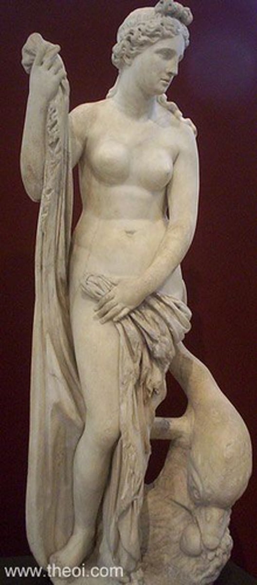 <p>Often shown rising from a sea shell</p><p>Naked in sculptures</p><p>May have sea creatures around her</p>