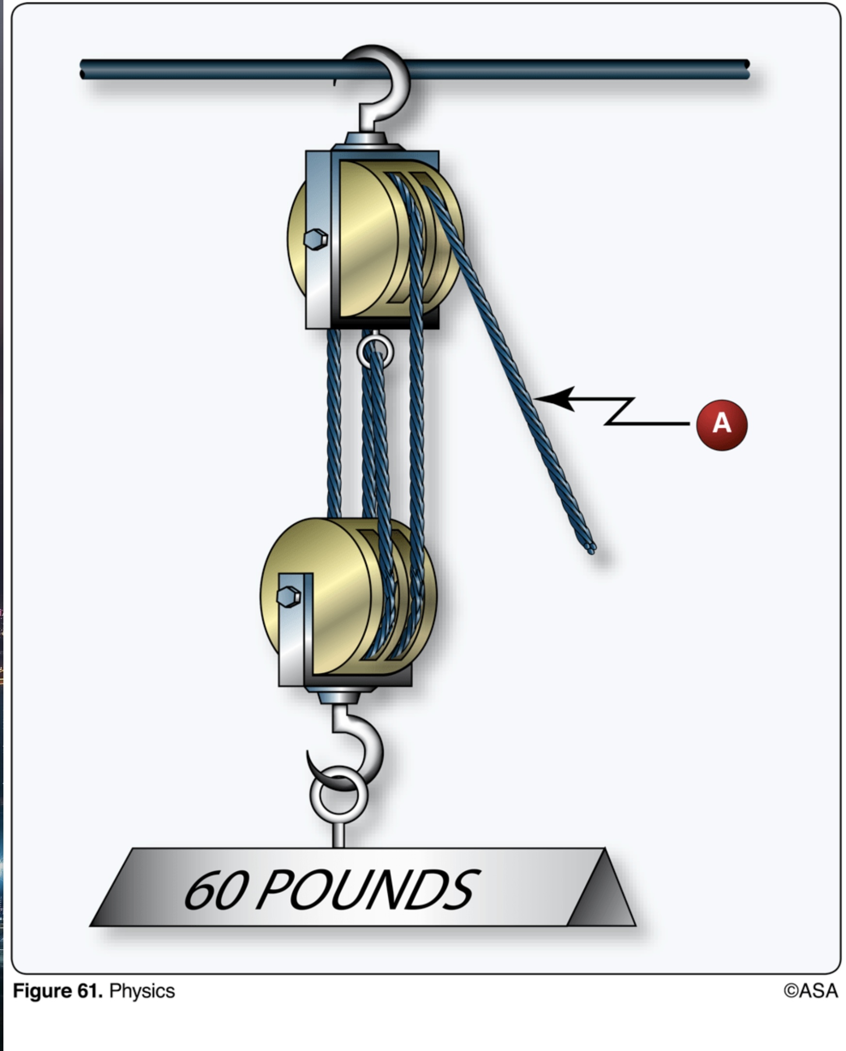 <p>(Refer to Figure 61.) The amount of force applied to rope A to lift the weight is</p>