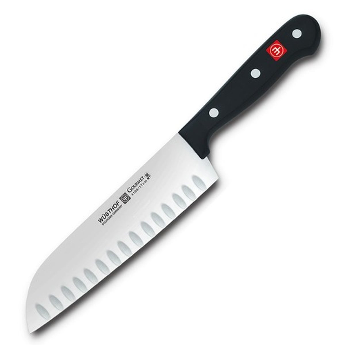 <p>A general-purpose kitchen knife with a 5- to 7-inch blade length. The santoku knife is designed for a comfortable, well-balanced grip, while allowing for full blade use.</p>