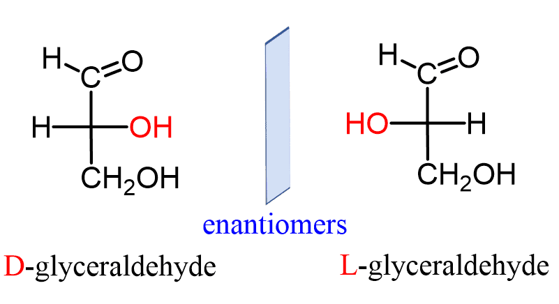 <p>Isomers that are mirror images of each other (cannot be superimposed on top of each other); usually only one is biologically active</p><p>Example: L-glucose and D-glucose</p>